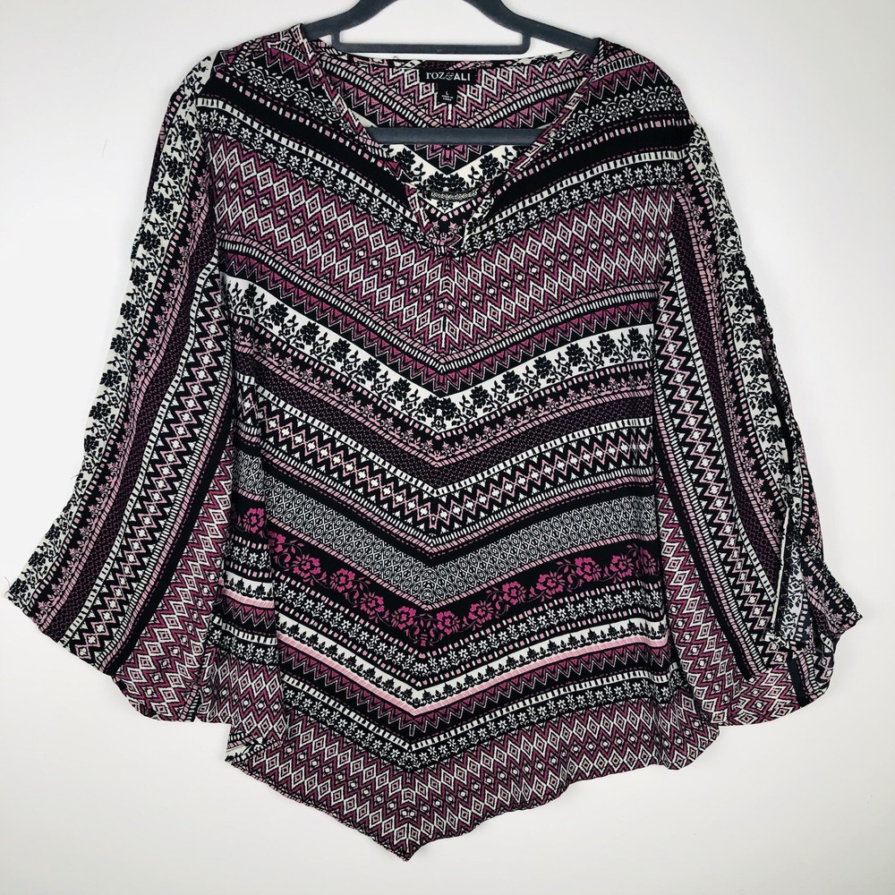 Roz & Ali Women Purple Geometric Boho Blouse V-Neck Split 3/4 Sleeve Top Large